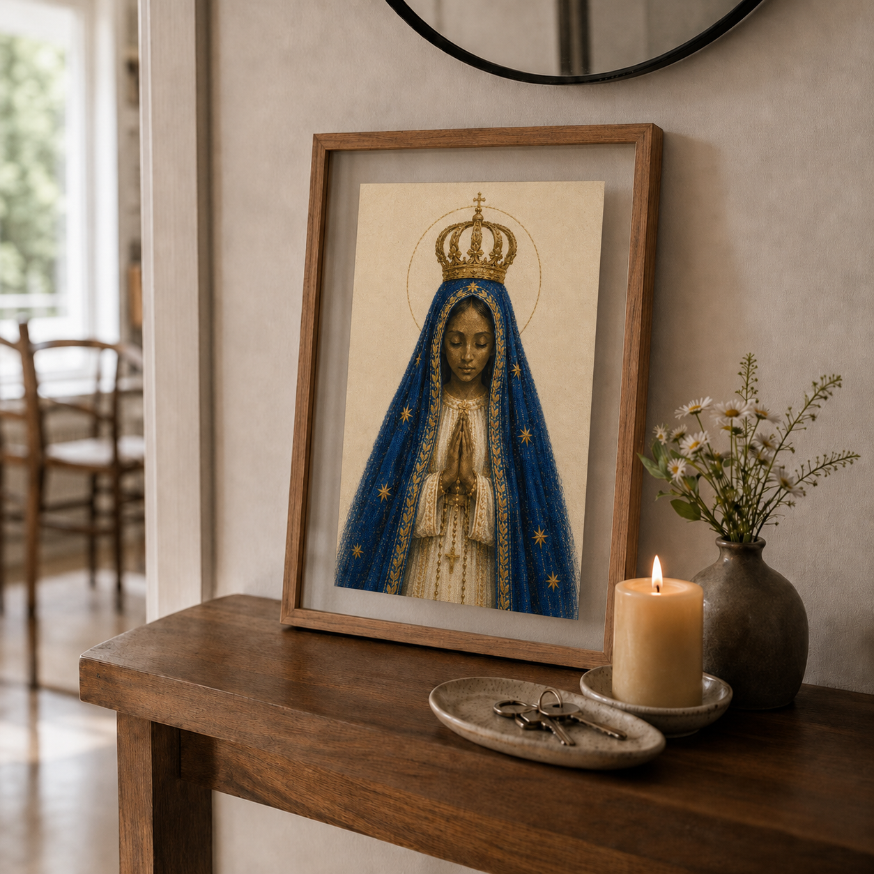 Nossa Senhora Aparecida emoldurada sobre um aparador, ao lado de uma vela, flores e chaves